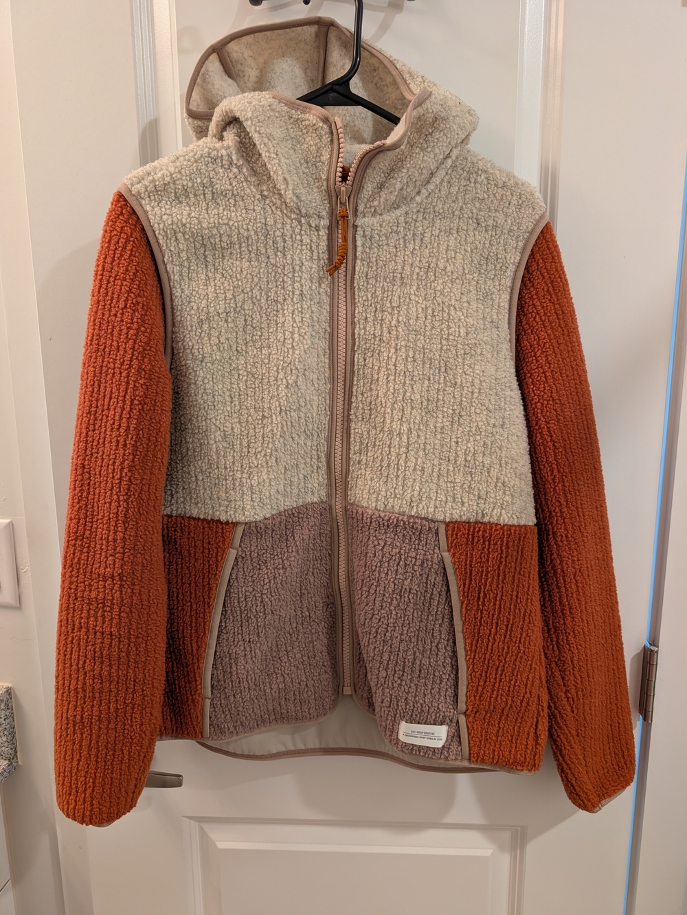 Women's REI Oatmeal/Rust/Brown Tone Colorblock Patchwork Sherpa Hoodie